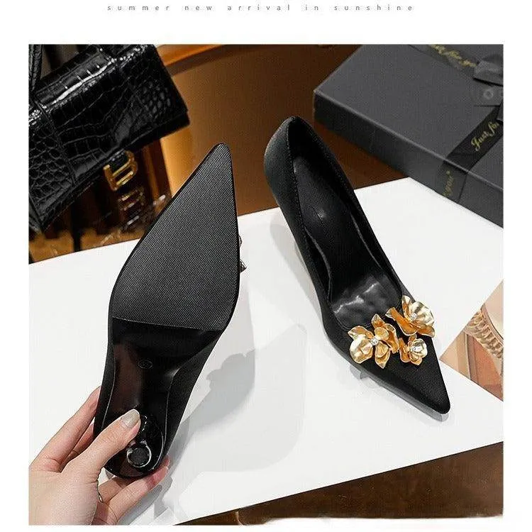 3D Flowers black Satin Pointy Stiletto Heels 769556407493
