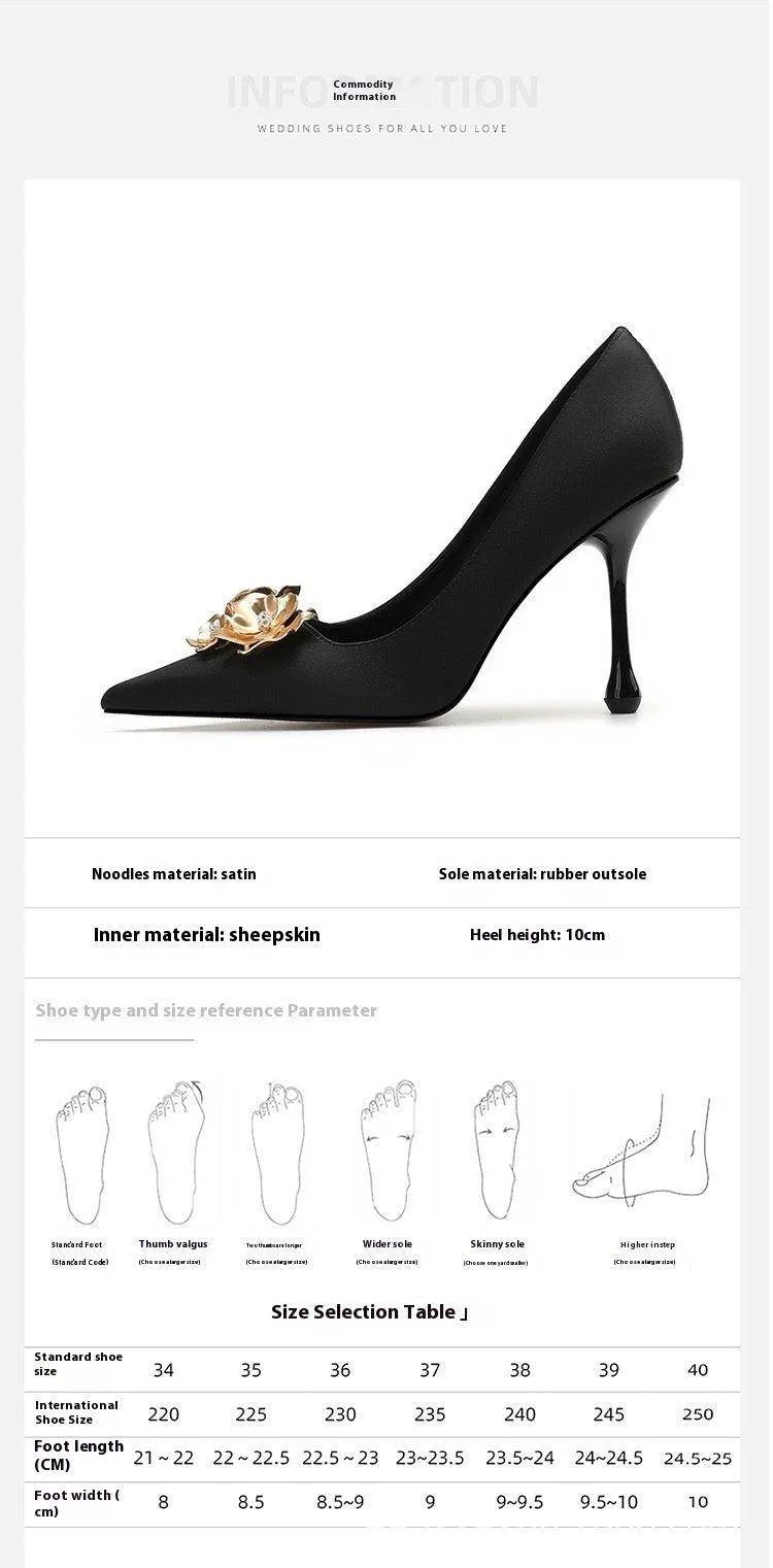 3D Flowers black Satin Pointy Stiletto Heels 769556407493