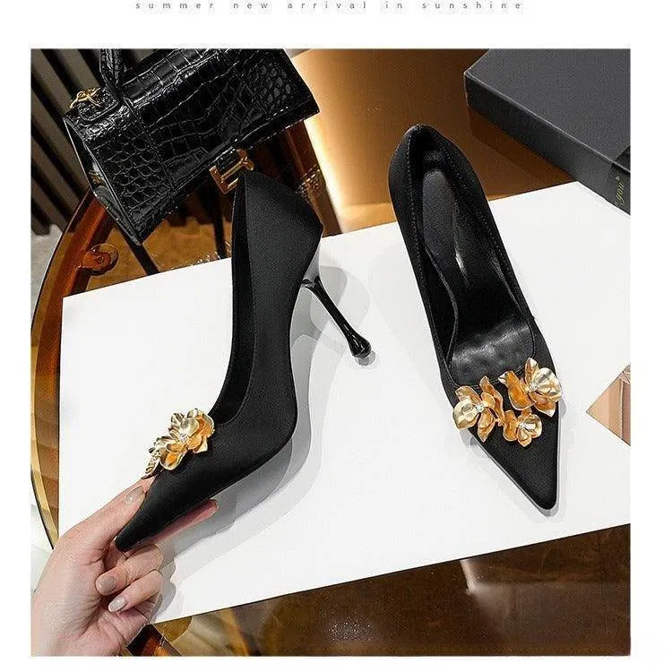 3D Flowers black Satin Pointy Stiletto Heels 769556407493