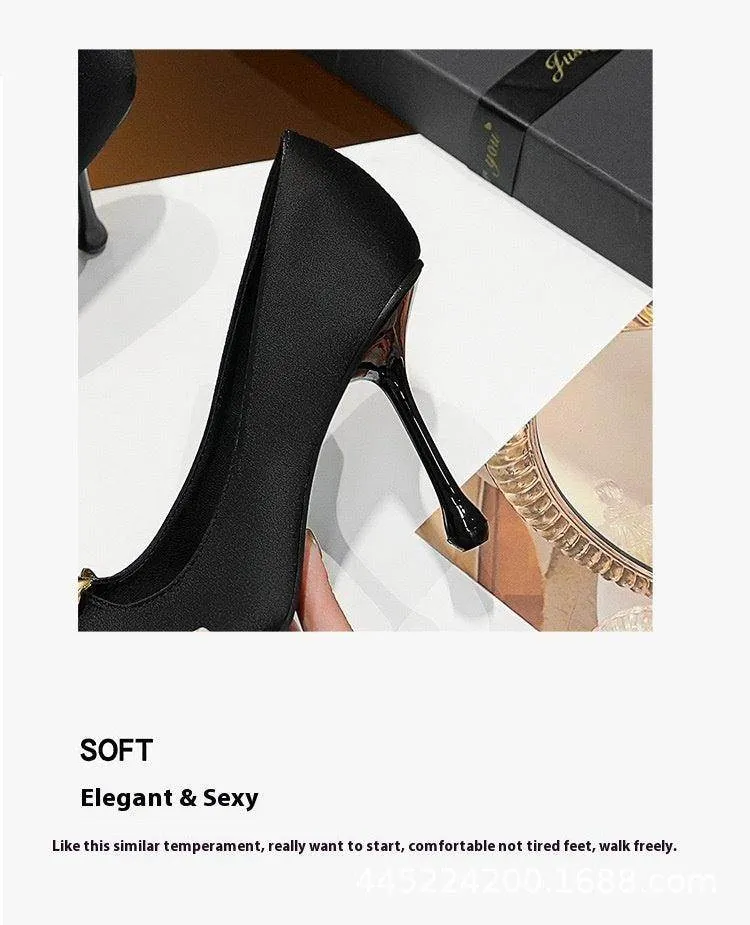 3D Flowers black Satin Pointy Stiletto Heels 769556407493