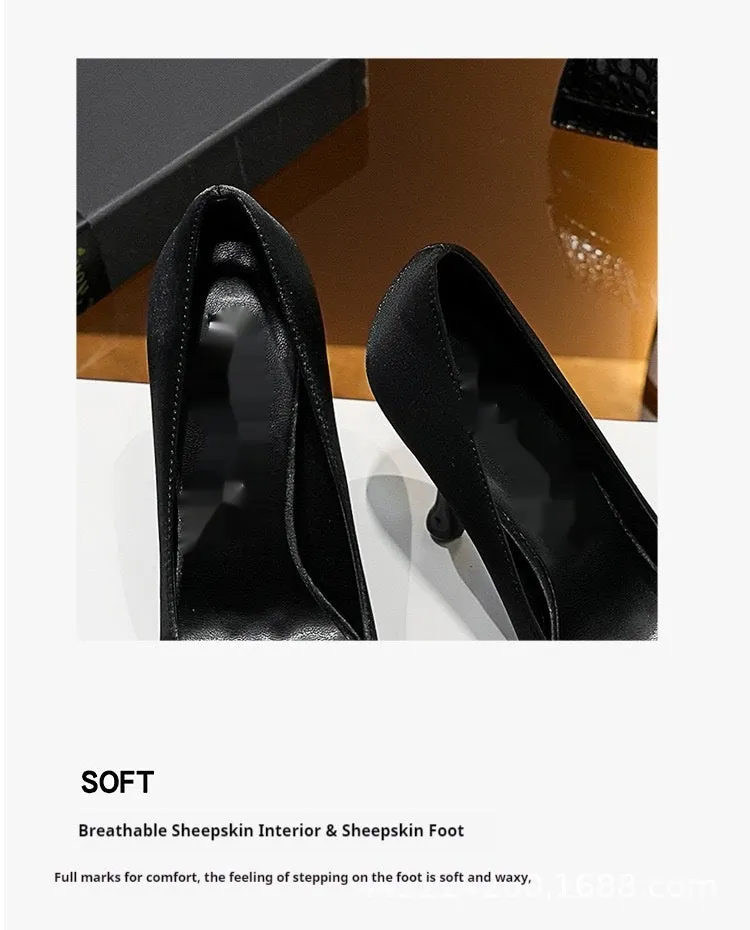 3D Flowers black Satin Pointy Stiletto Heels 769556407493