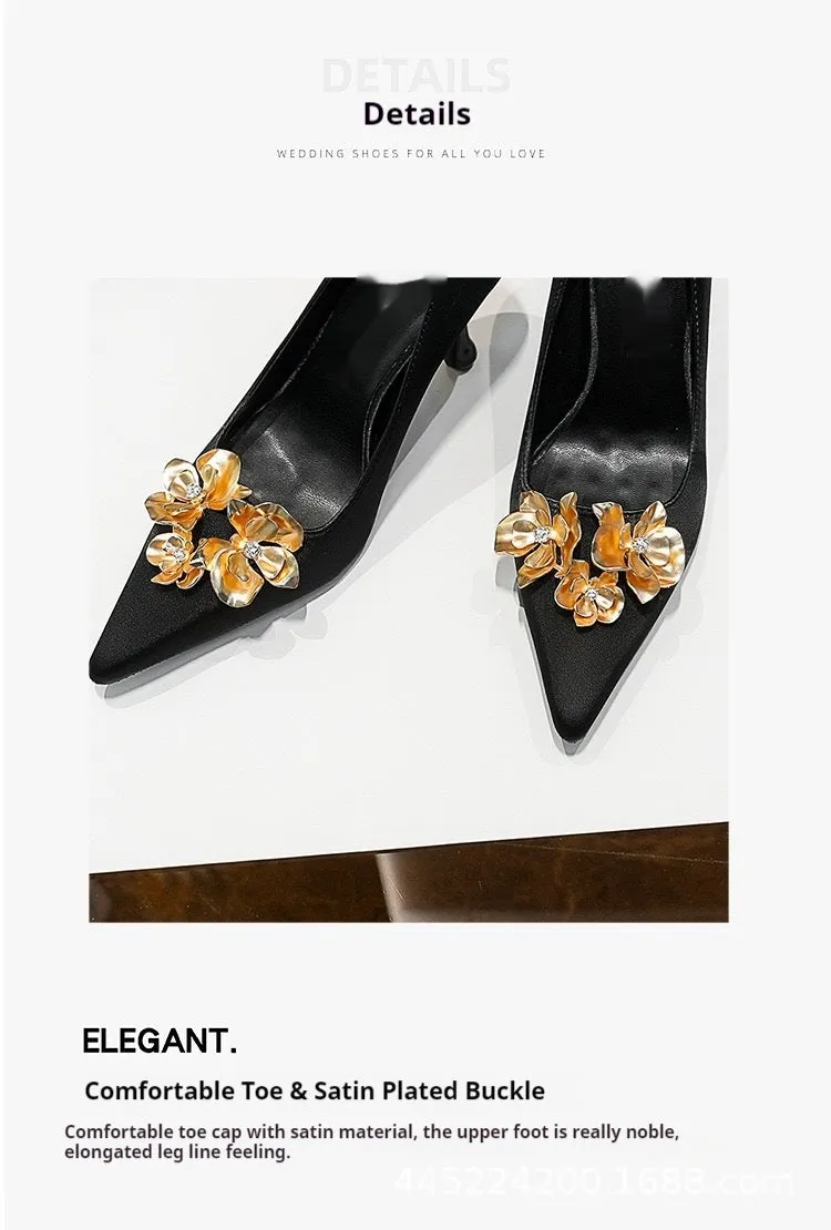 3D Flowers black Satin Pointy Stiletto Heels 769556407493
