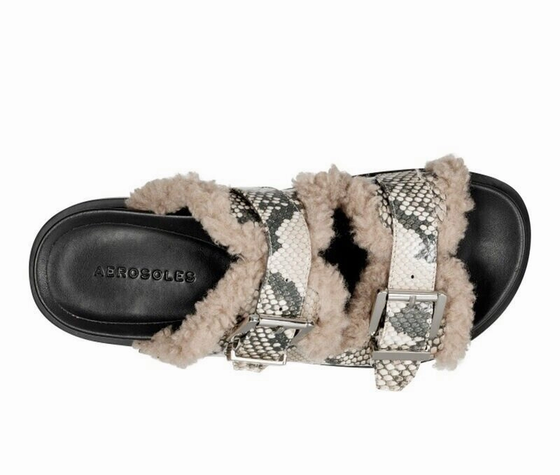Aerosoles Olivia Womens US 8.5 Natural Snake Print Faux Shearling Sandals KHD352