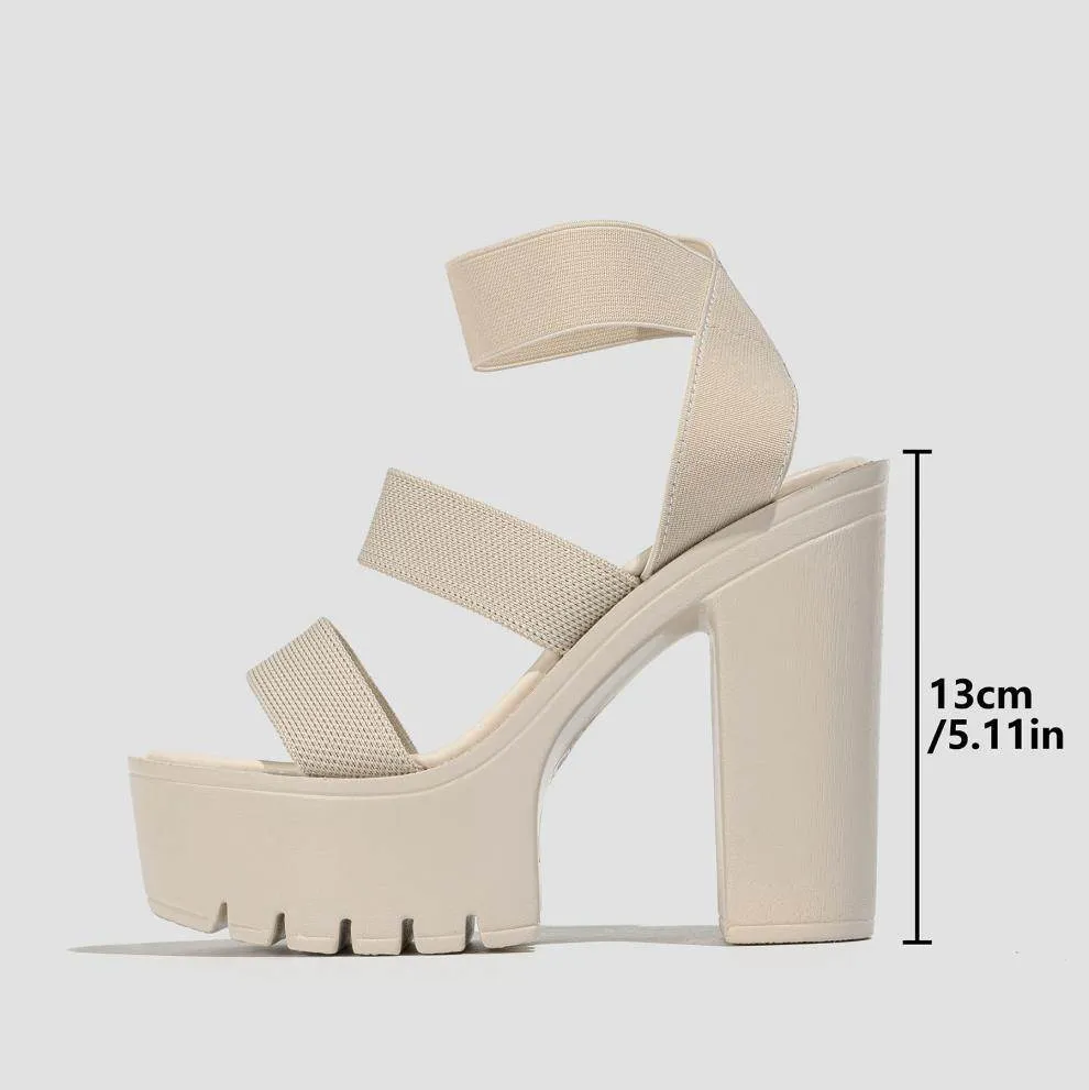Apricot  Round  Ankle Strap Block Heel Sandals 775267776406