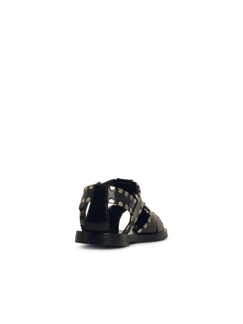 Black Calfskin Leather Sandals With Metal Trim And Buckle Closure