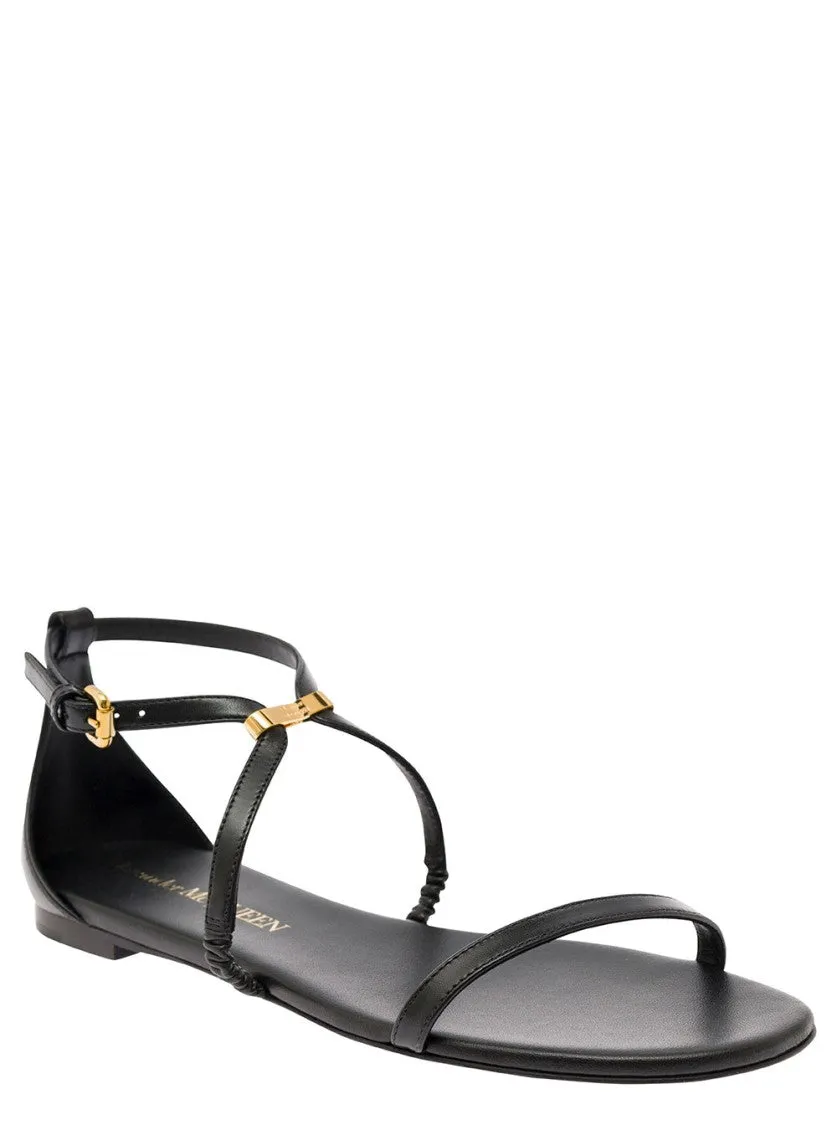 Black Low Sandals With Engraved Logo In Leather