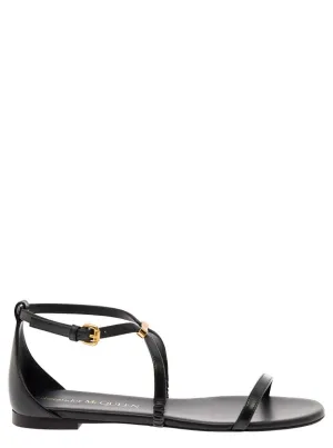 Black Low Sandals With Engraved Logo In Leather