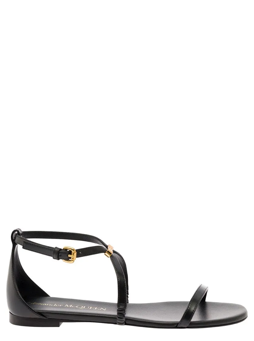 Black Low Sandals With Engraved Logo In Leather