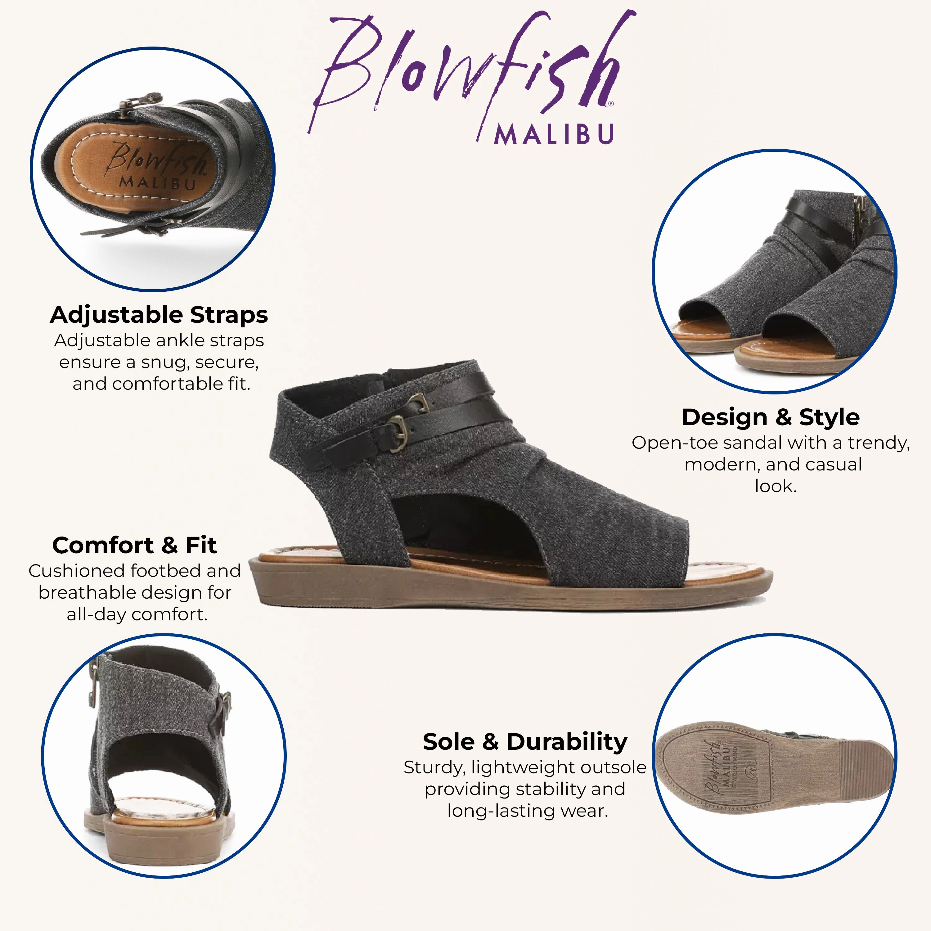 Blowfish Malibu Women's Charcoal Strappy Low Wedge Sandals - Denver