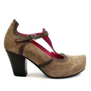 Cerise-taupe t strap cork shoe