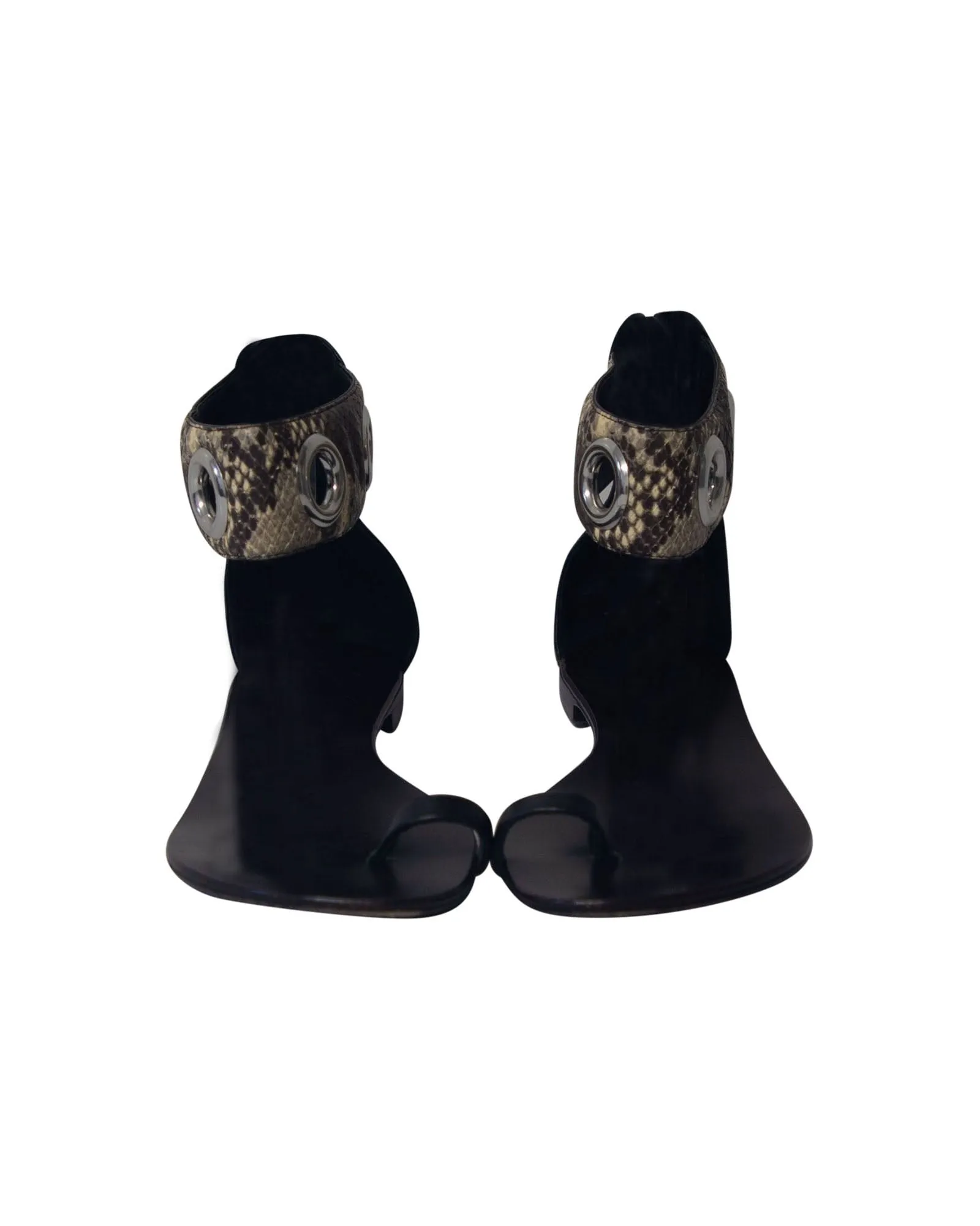Giuseppe Zanotti Snakeskin Print Ankle Strap Flat Sandals in Black Leather
