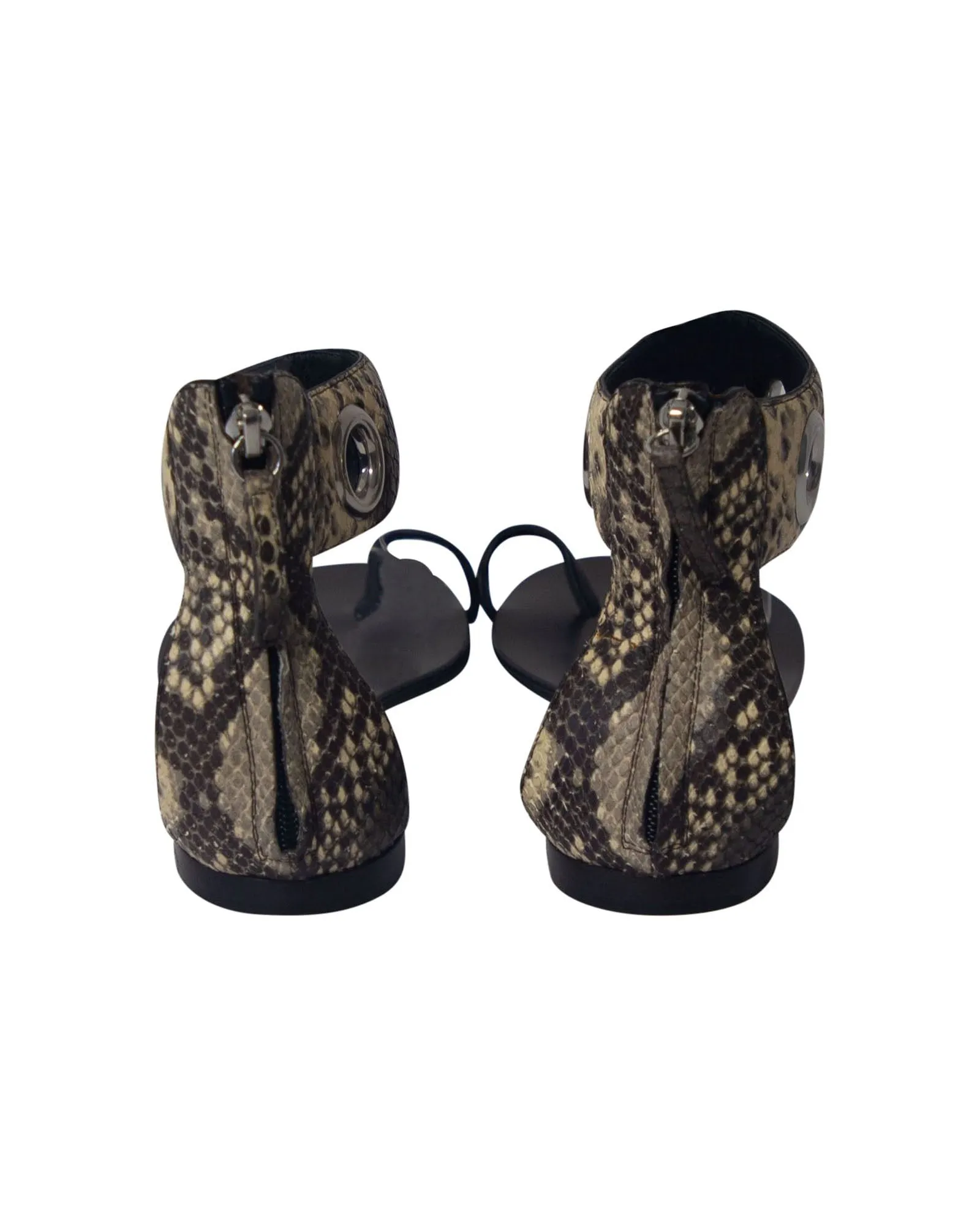 Giuseppe Zanotti Snakeskin Print Ankle Strap Flat Sandals in Black Leather