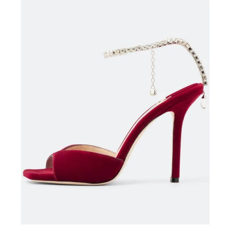 Glitter and Rhinestone Ankle Strap Square Stiletto Heels 695399992506