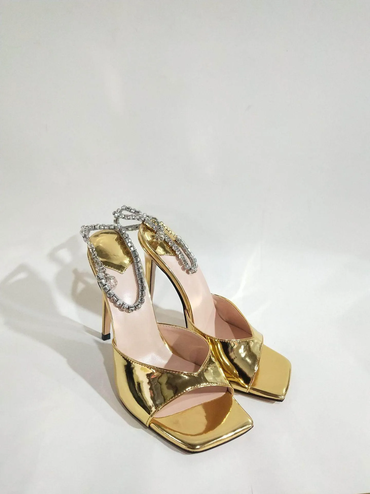Glitter and Rhinestone Ankle Strap Square Stiletto Heels 695399992506