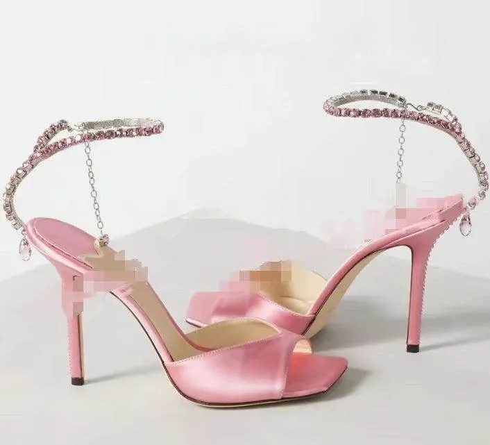 Glitter and Rhinestone Ankle Strap Square Stiletto Heels 695399992506