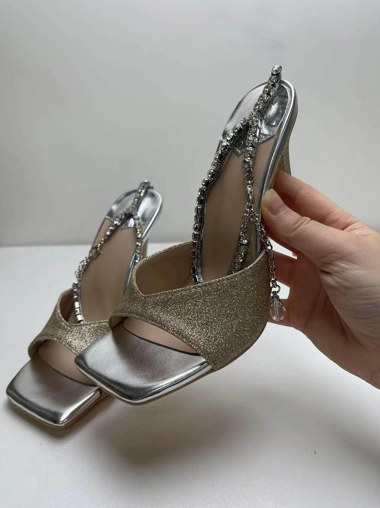 Glitter and Rhinestone Ankle Strap Square Stiletto Heels 695399992506