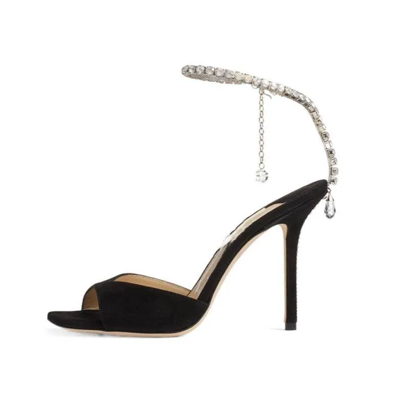 Glitter and Rhinestone Ankle Strap Square Stiletto Heels 695399992506