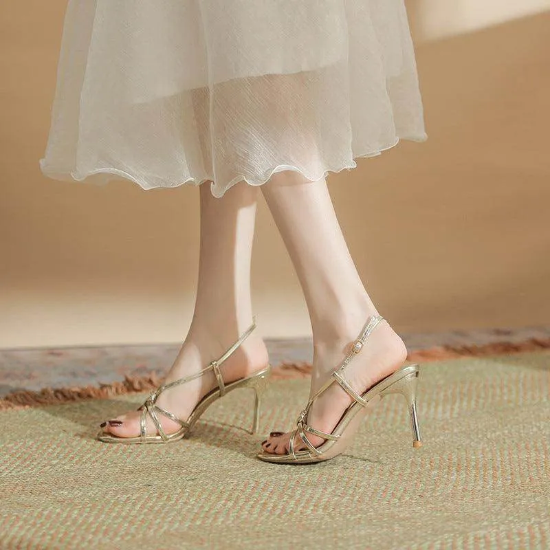 Gold Faux Leather Ankle Strap Round Stiletto heel Sandals 795355491225