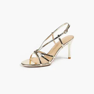 Gold Faux Leather Ankle Strap Round Stiletto heel Sandals 795355491225