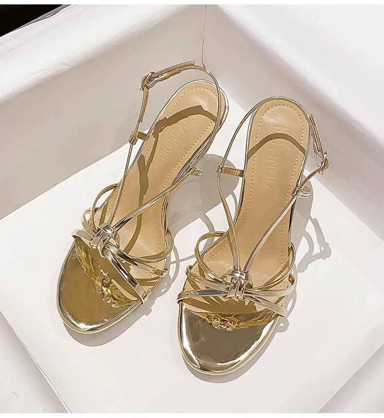 Gold Faux Leather Ankle Strap Round Stiletto heel Sandals 795355491225