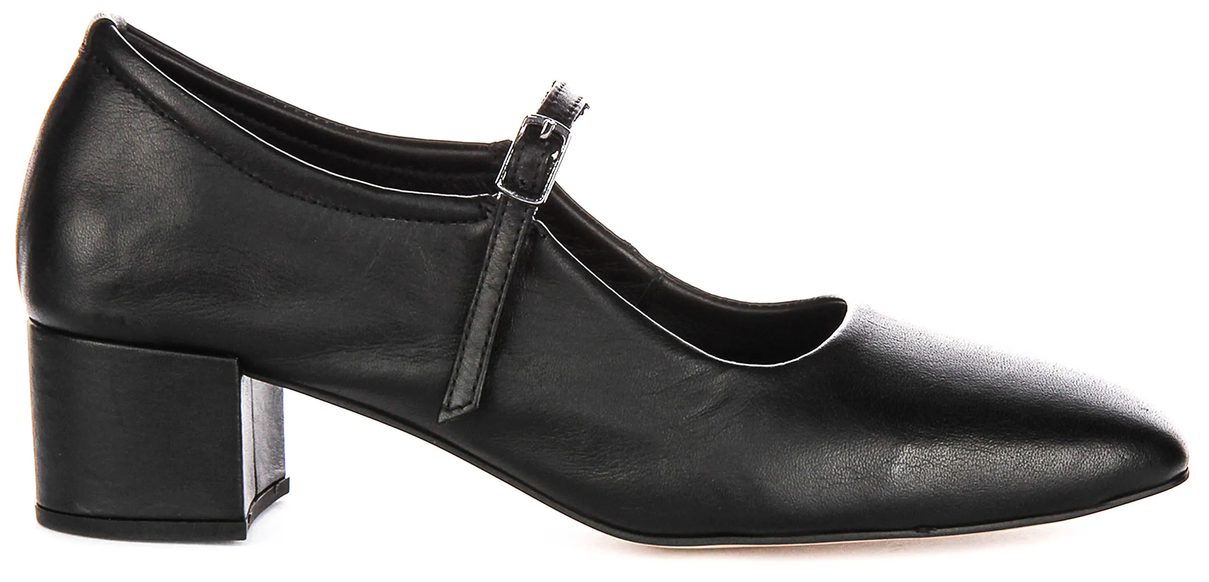 Justinreess England Kamila Square Toe Mary Jane Heel in Black Leather