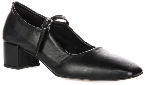 Justinreess England Kamila Square Toe Mary Jane Heel in Black Leather