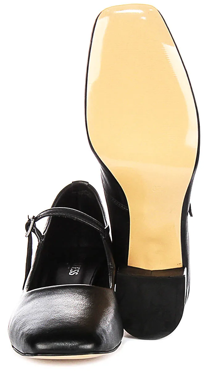 Justinreess England Kamila Square Toe Mary Jane Heel in Black Leather