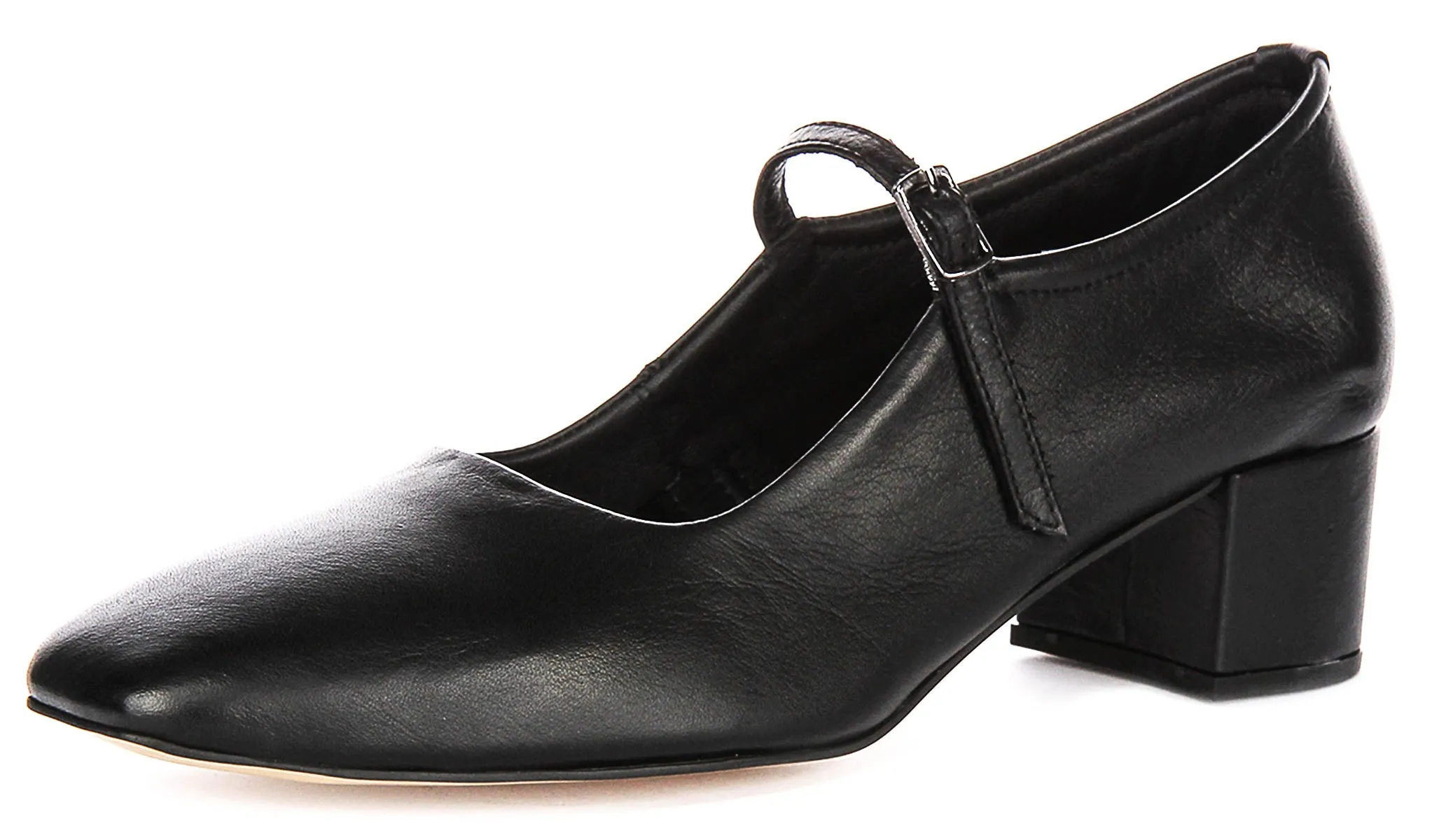 Justinreess England Kamila Square Toe Mary Jane Heel in Black Leather