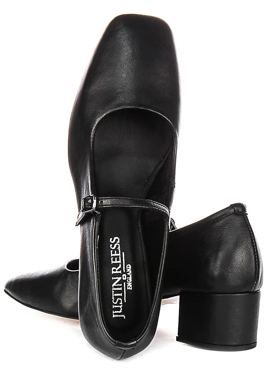Justinreess England Kamila Square Toe Mary Jane Heel in Black Leather