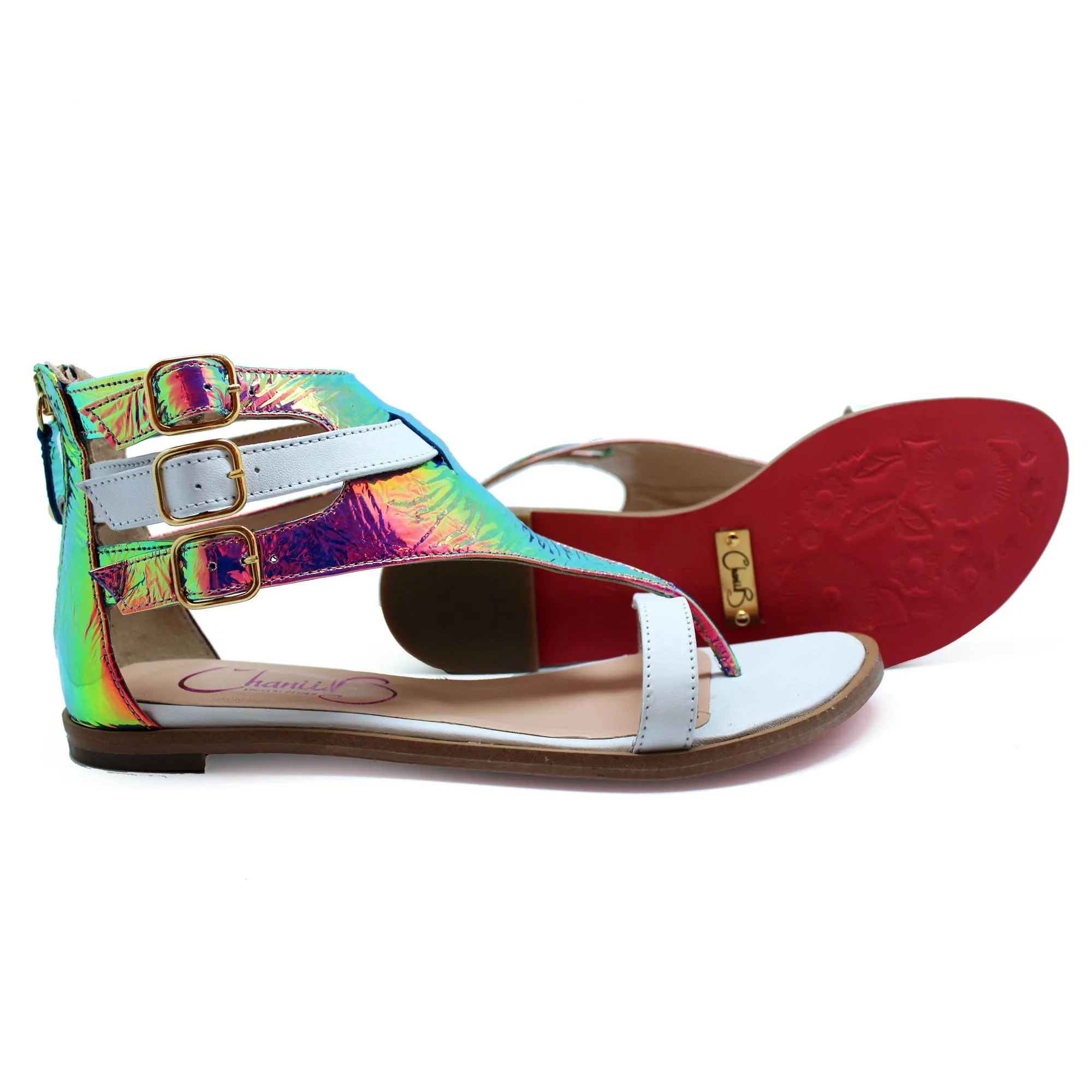 Piston - White -Fuchsia Foil flat sandal