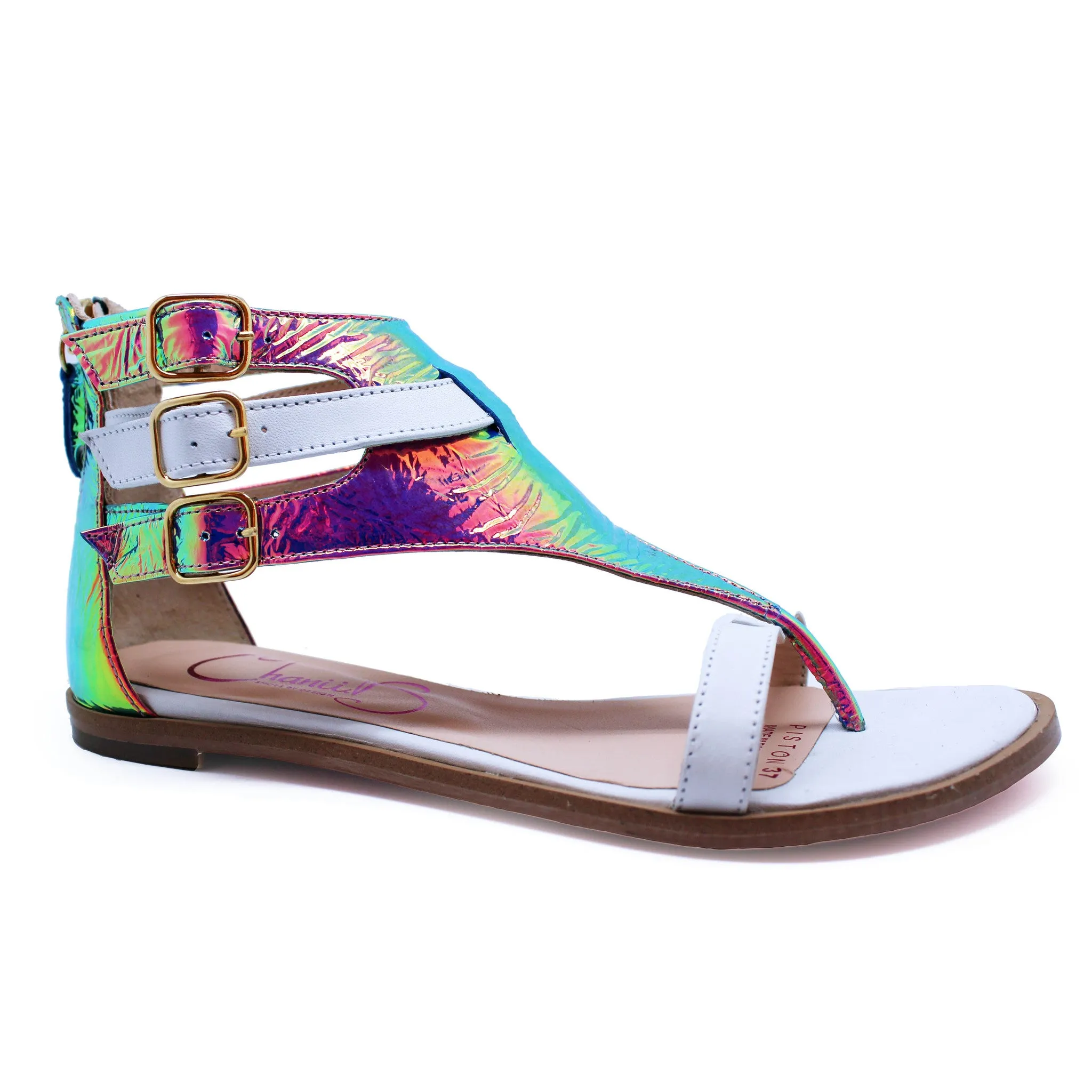 Piston - White -Fuchsia Foil flat sandal