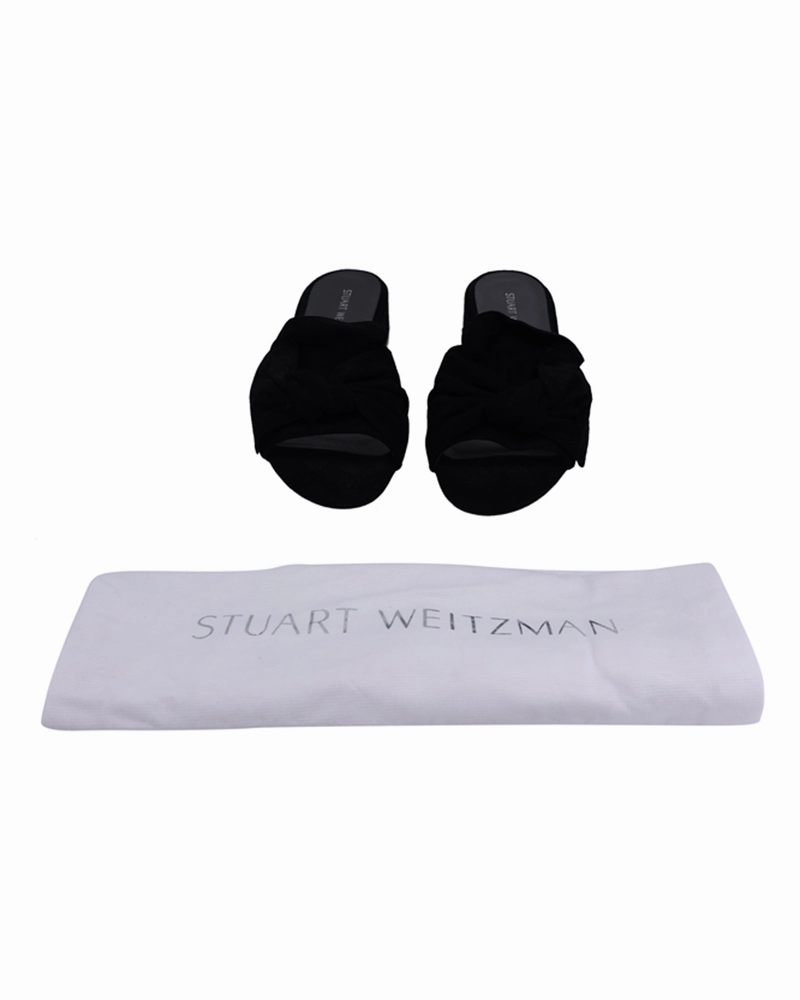 Stuart Weitzman Bow Block-Heel Slides in Black Suede