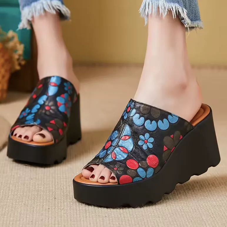 USS Shoes Olga Women's Leather Flowers Platform Sandals