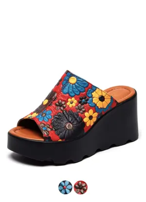 USS Shoes Olga Women's Leather Flowers Platform Sandals