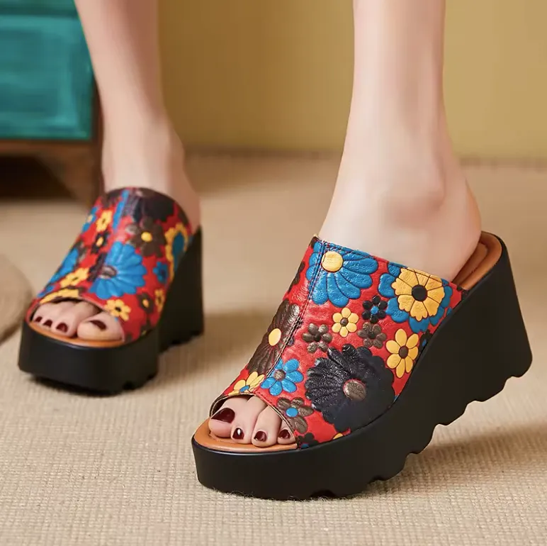 USS Shoes Olga Women's Leather Flowers Platform Sandals