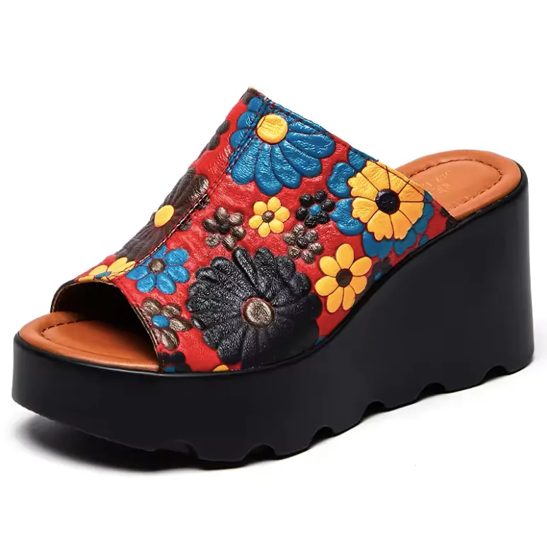 USS Shoes Olga Women's Leather Flowers Platform Sandals