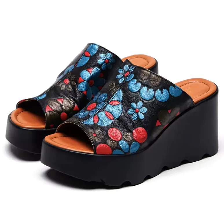 USS Shoes Olga Women's Leather Flowers Platform Sandals