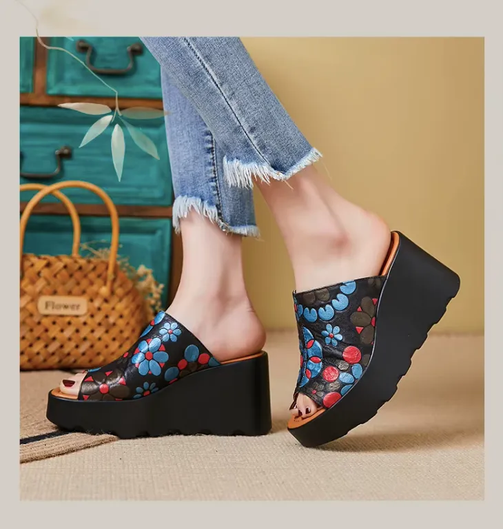 USS Shoes Olga Women's Leather Flowers Platform Sandals