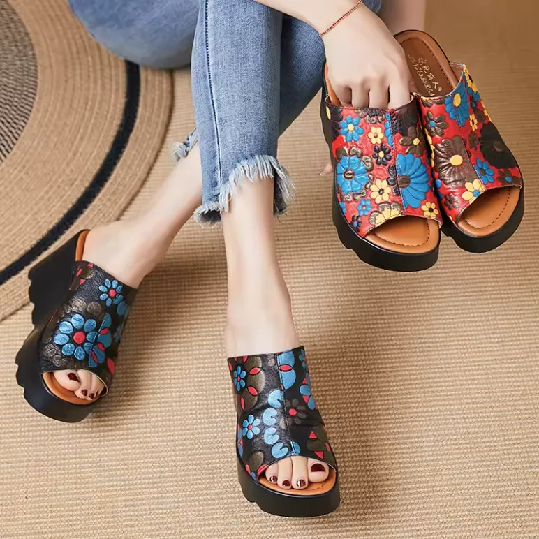 USS Shoes Olga Women's Leather Flowers Platform Sandals