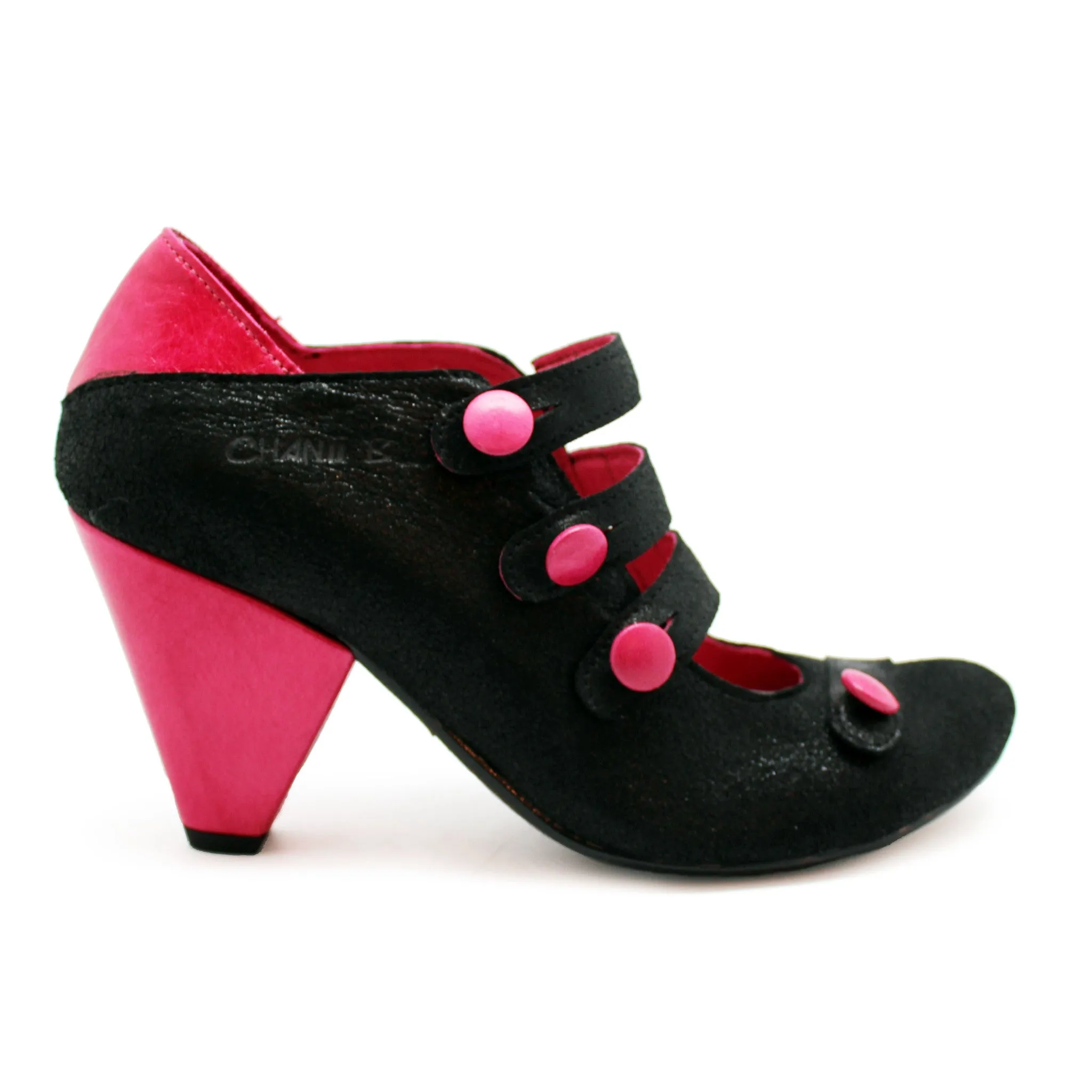 Voila - Black/Fuchsia button heel shoe- Last pair 35