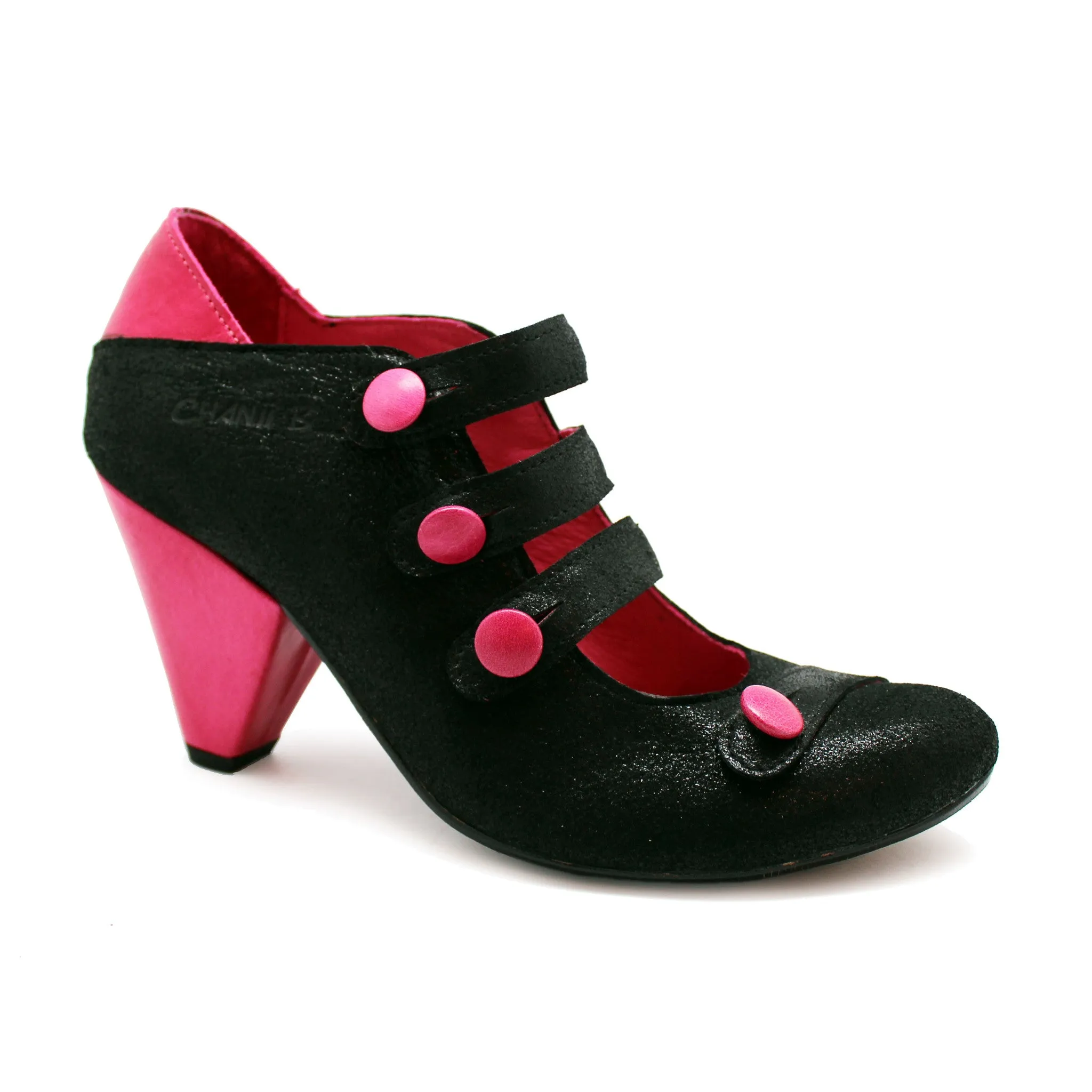 Voila - Black/Fuchsia button heel shoe- Last pair 35