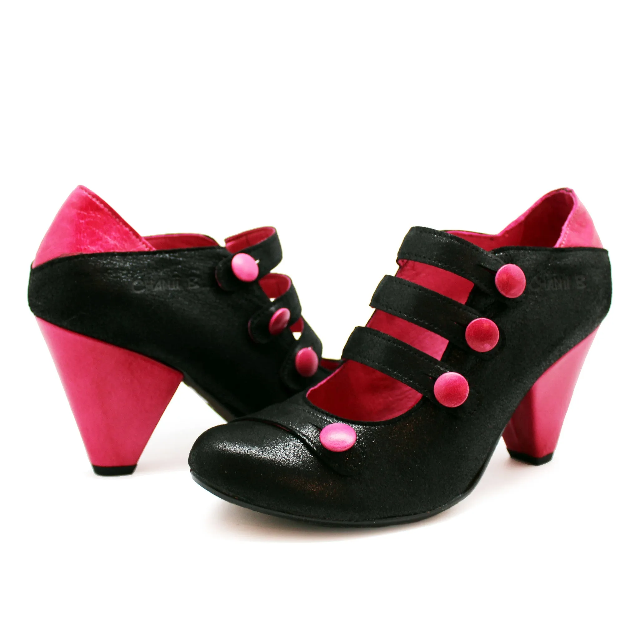 Voila - Black/Fuchsia button heel shoe- Last pair 35