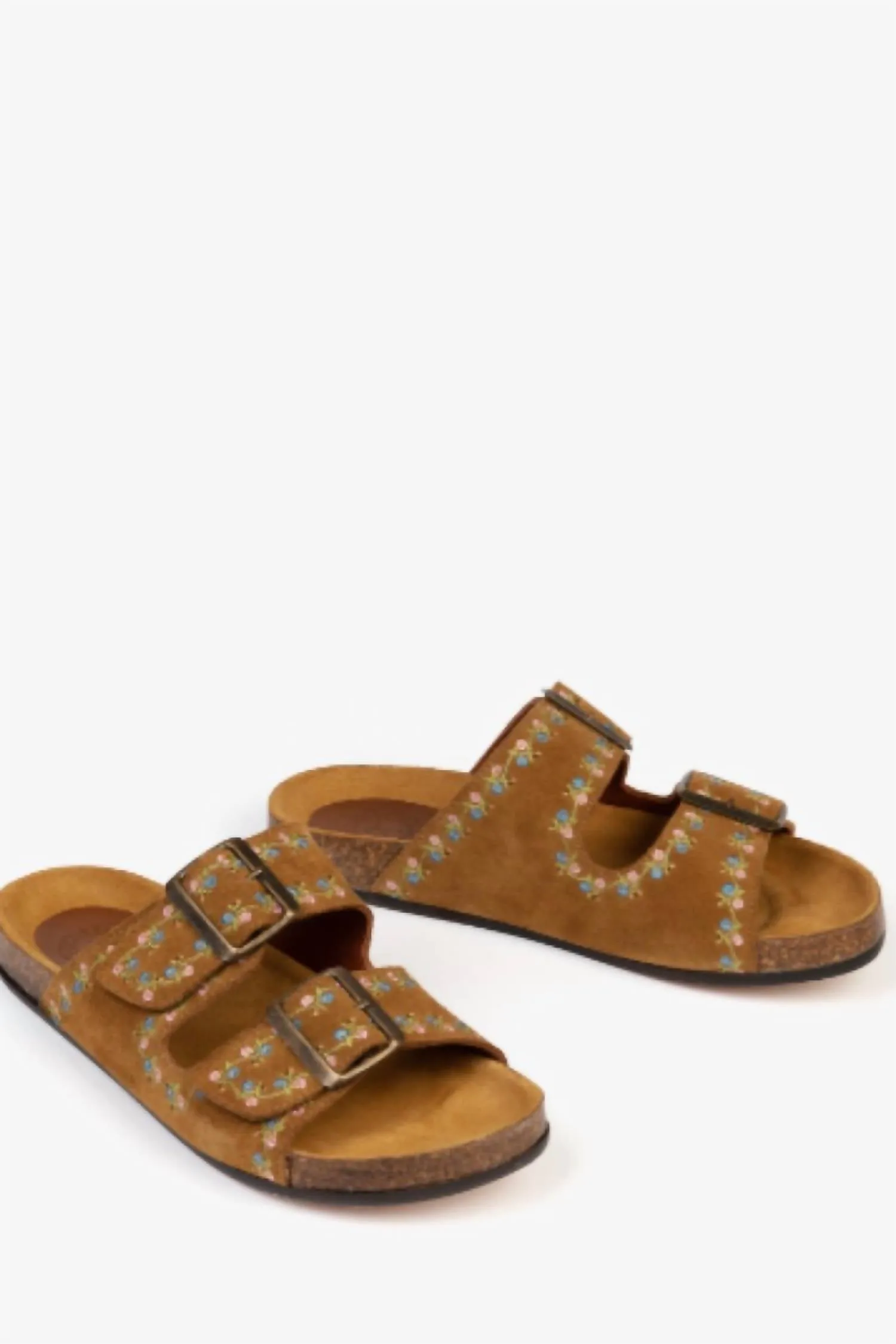 Women's Pool Suede Embroidery Slide In Tan