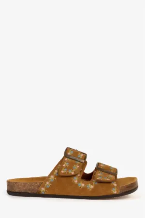 Women's Pool Suede Embroidery Slide In Tan