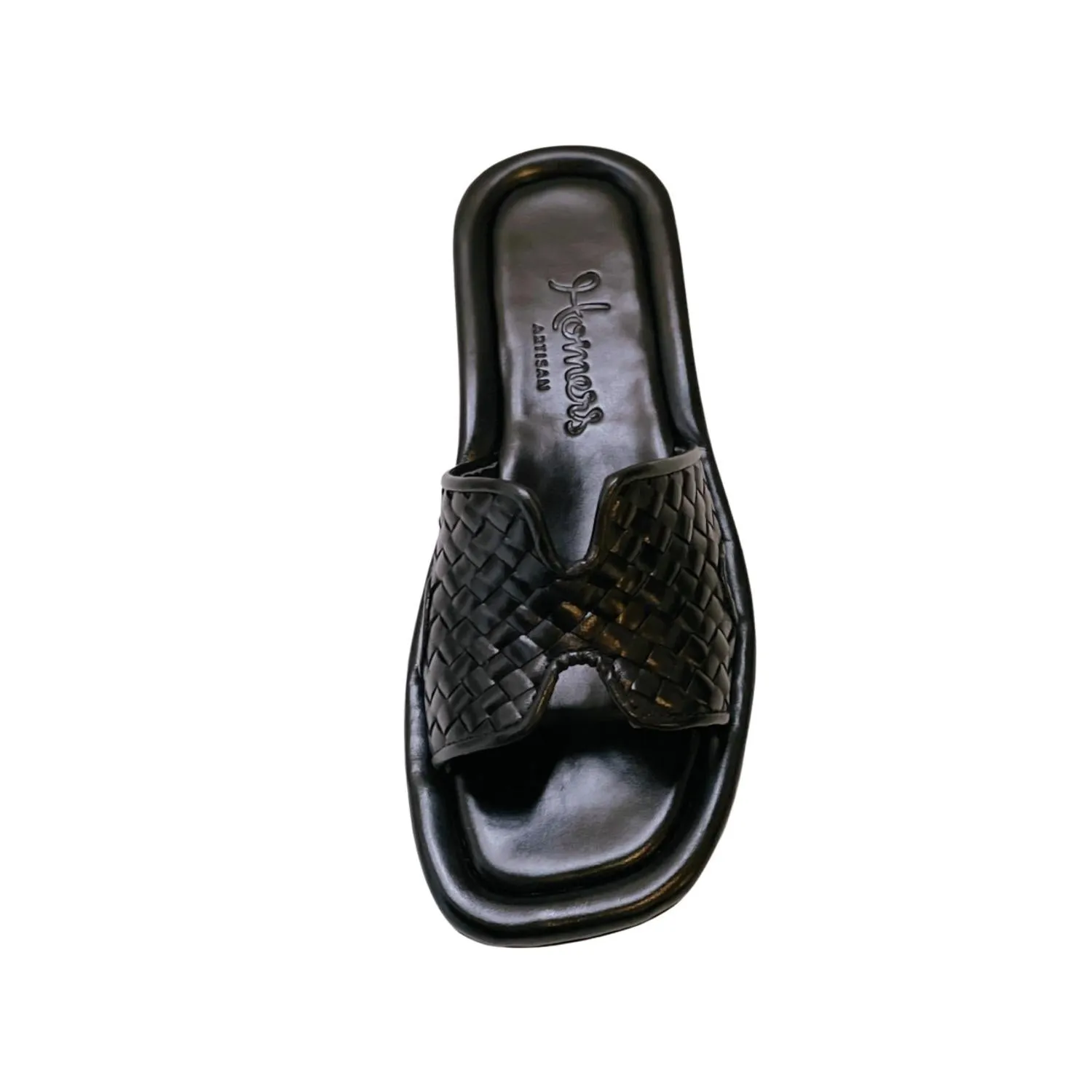 Women's Woven Leather Notched Slide Sandal In Black