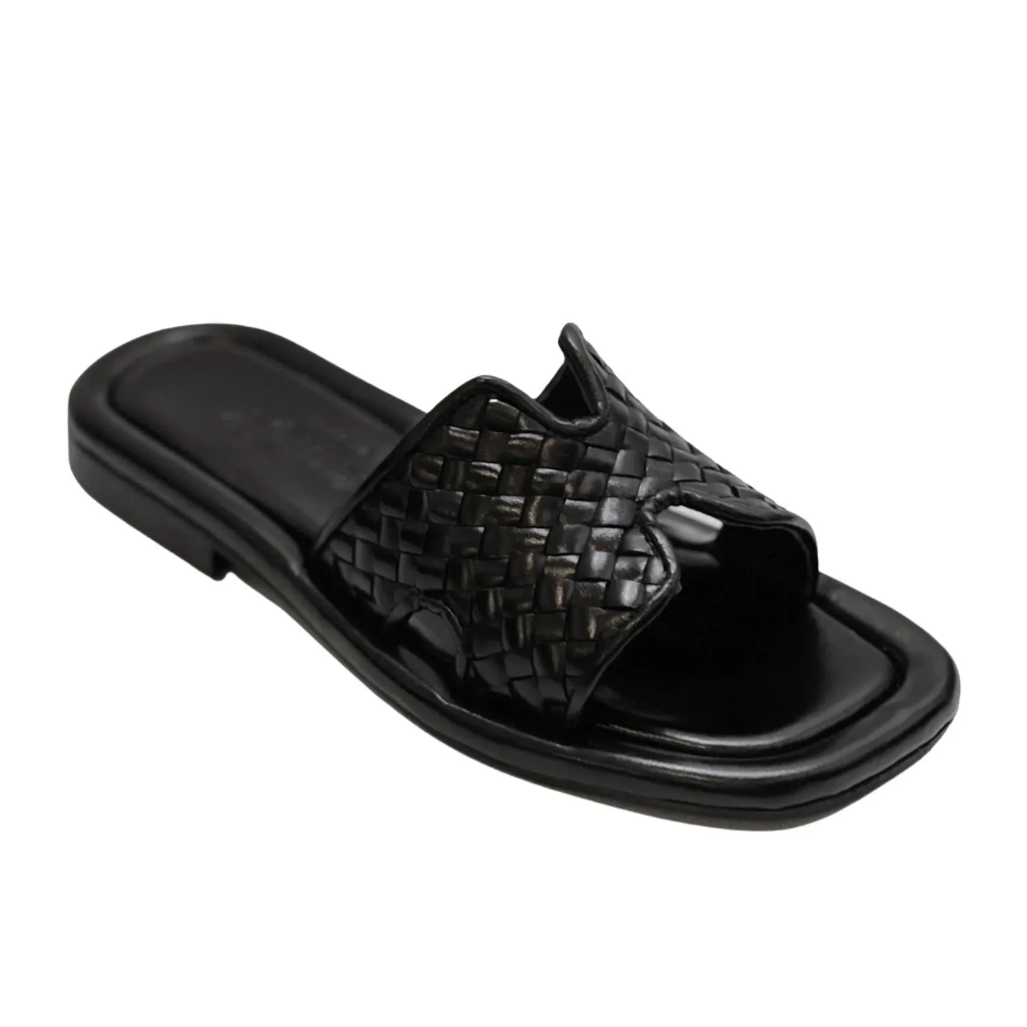 Women's Woven Leather Notched Slide Sandal In Black