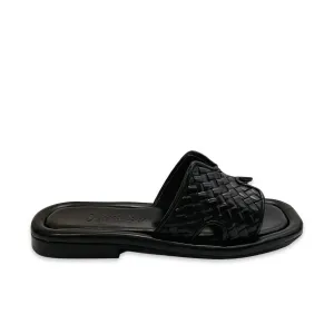 Women's Woven Leather Notched Slide Sandal In Black